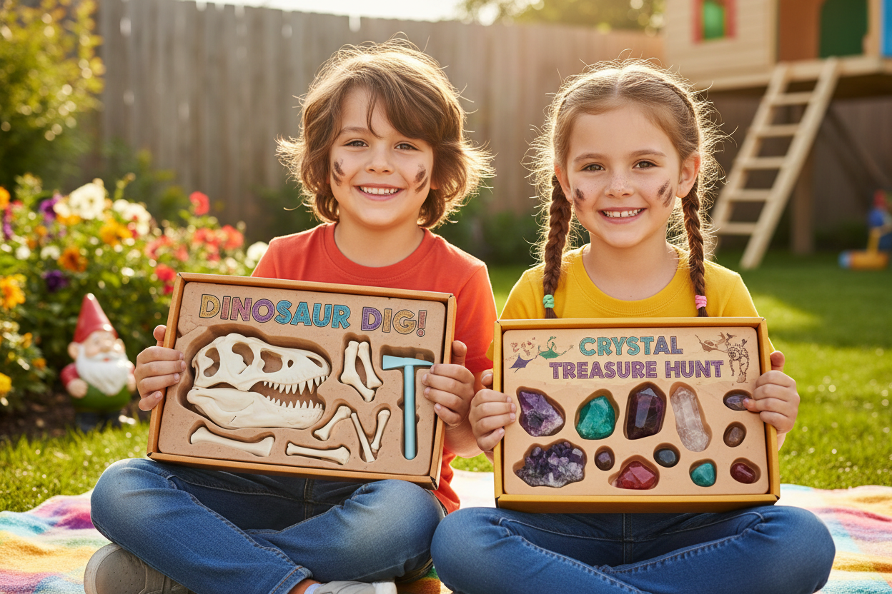 one boy one girl showing dig kits dinosaour and gemstone
